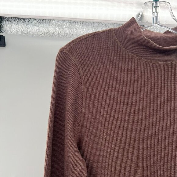 Mono B Women's Long Sleeve Mock Neck Ribbed Top Brown Size Large Vented Sides - Picture 3 of 8